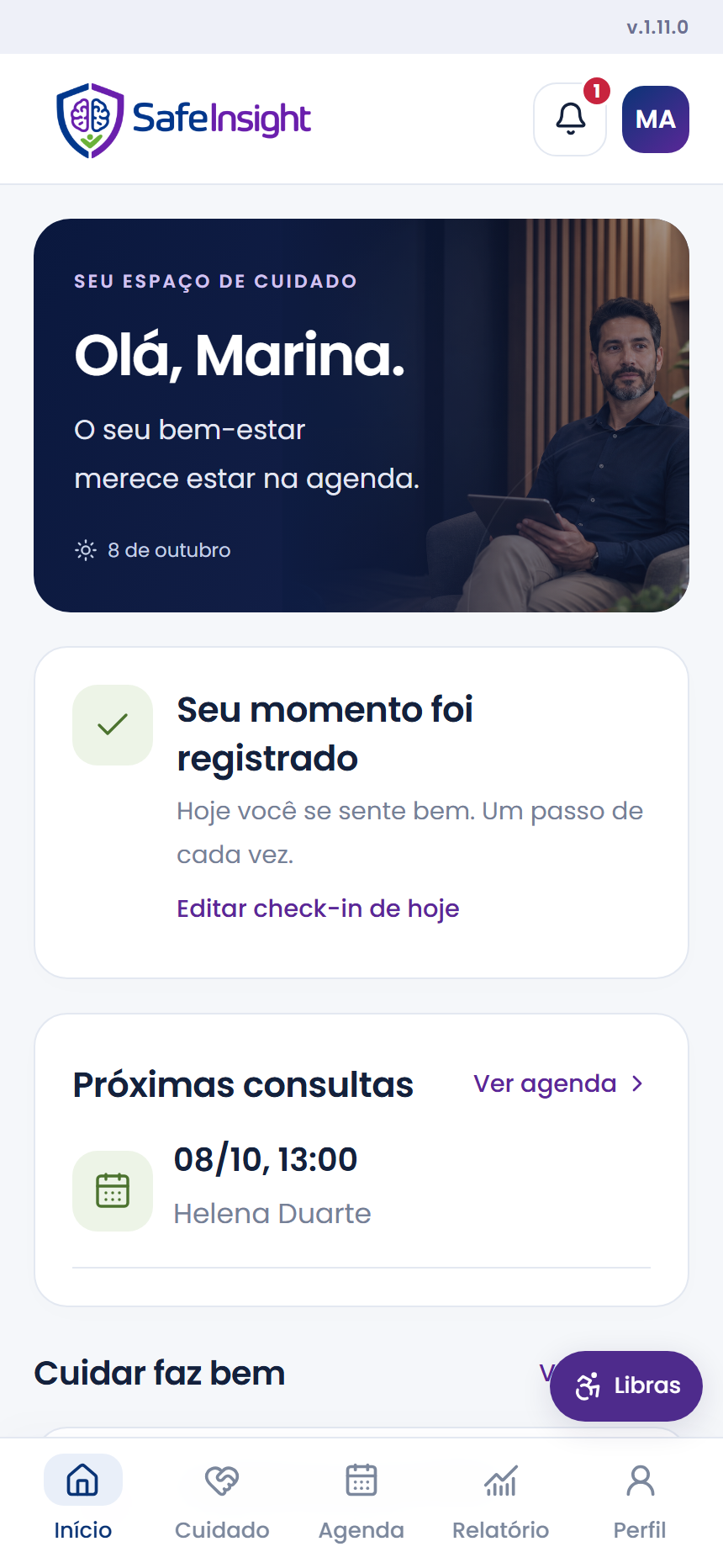 Tela inicial do aplicativo SafeInsight com registro de bem-estar e próximas consultas